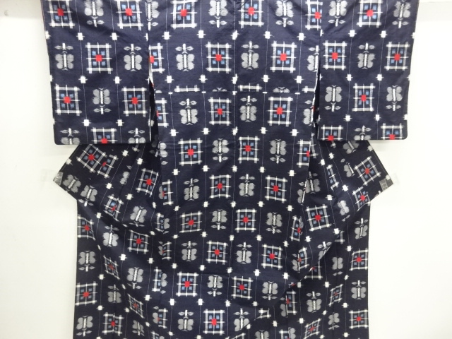 JAPANESE KIMONO / ENSHU TSUBAKI ABSTRACT FLORAL PATTERN WOVEN- TSUMUGI